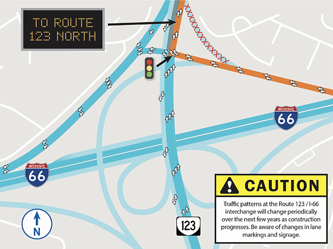 Beginning on or about July 22, drivers exiting I-66 West to northbound Route 123 will use a new exit ramp and turn right at a temporary traffic signal.