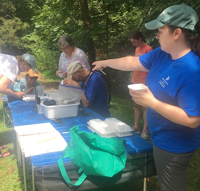 The team worked through the morning on a very hot day after the storm, noting the damage the storm had done to the insects and invertebrates who were washed away by the flood.