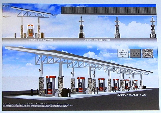 A drawing of the gas pumps and canopy.