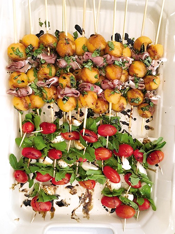 These skewers of cantaloupe, prosciutto , mozzarella, and tomatoes drizzled with a basil balsamic dressing and created by Terri Carr, are vitamin-packed and perfect for appetizers or a light dessert.
