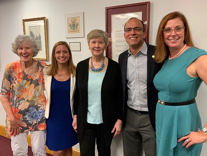 Speakers at the launch of Dementia Friendly Alexandria at City Hall on July 30 include (from left) ; Commission on Aging chair Jane King; Jacqueline Barbarito, Assisted Living Administrator at Goodwin House; Mary Lee Anderson, executive director of Senior Services of Alexandria;  Mayor Justin Wilson; and Melissa Andrews, president and CEO of LeadingAge Virginia.