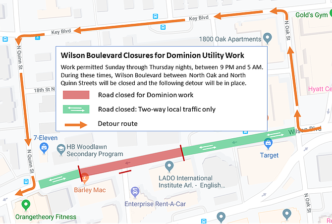 Detour map for nighttime closures of Wilson Boulevard in western Rosslyn.