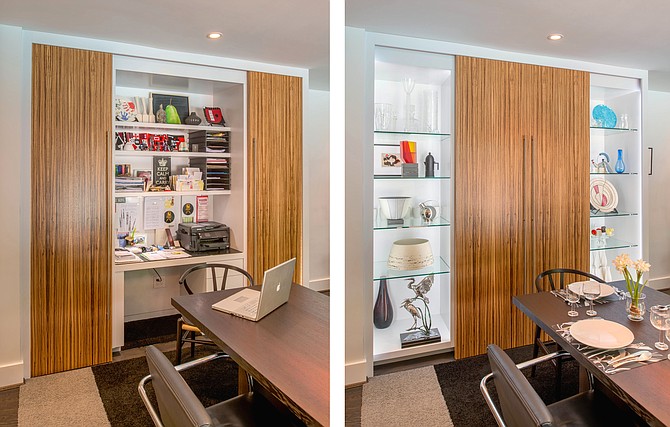 This kitchen and dining area by Anthony Wilder Design/Build includes a workstation concealed behind doors (shown open and closed) to keep the family organized.