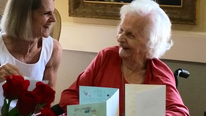 Kathy Robens, of Potomac, with her mother, Evelyn Carlson, at a birthday celebration at Manor Care Potomac on Potomac Tennis Lane.