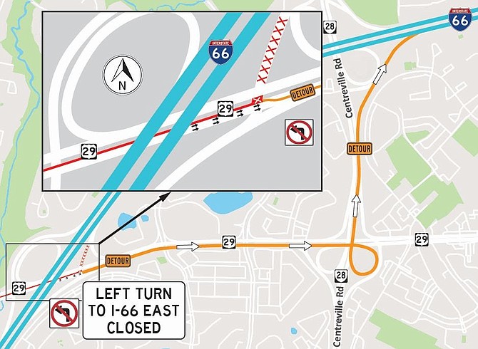 Beginning on or about Sept. 9, the ramp from Route 29 North in Centreville to I-66 East will be closed for approximately one month. Traffic will be detoured farther north and will access I-66 East from Route 28 North.