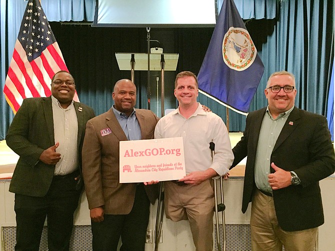 The Alexandria Republican City Committee (ARCC) hosted several candidates at its September meeting: (L-R) Jeff Dove (candidate for Congress in 2020), D.J. Jordan (2019 Republican nominee for Virginia House of Delegates, District 31), Daniel Gade (candidate for US Senate in 2020), and Sean Lenehan (ARCC Chairman).