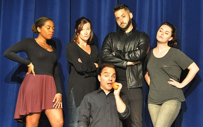 From left: Actors Gabrielle Grant, Elizabeth LeBoo, Blake Gouhari, Brittany Stane, and (bottom) Brian Clarke in rehearsal  for portraying their respective characters in the play ‘One Man, Two Guvnors,’ Pauline Clench, Rachel Crabbe, Stanley Stubbers, Dolly, and Francis Henshall.