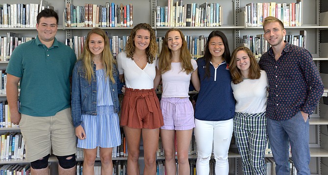 The 2019 Potomac School National Merit semifinalists. From left: Chris Gaston, Addison Marin, Courtney Brandt, Katherine Plaza, Jodie Kuo, Caroline Semel, and Dan Alexander.