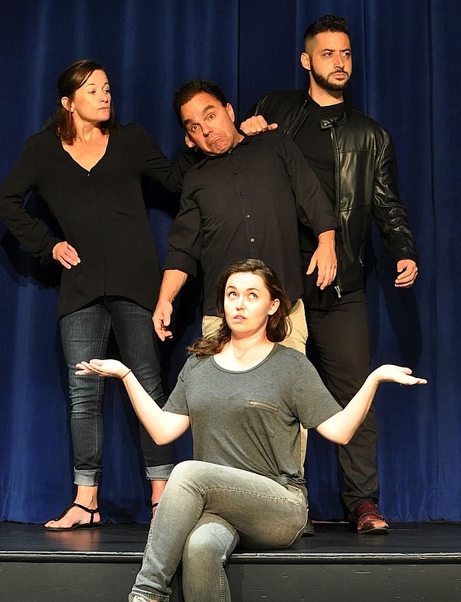 From left, top: Actor Elizabeth LeBoo as Rachel Crabbe, Brian Clarke as Francis Henshall, Blake Gouhari as Stanley Stubbers, and (bottom) Brittany Stane as Dolly rehearse for VTC's upcoming production of “One Man, Two Guvnors” by Richard Bean.