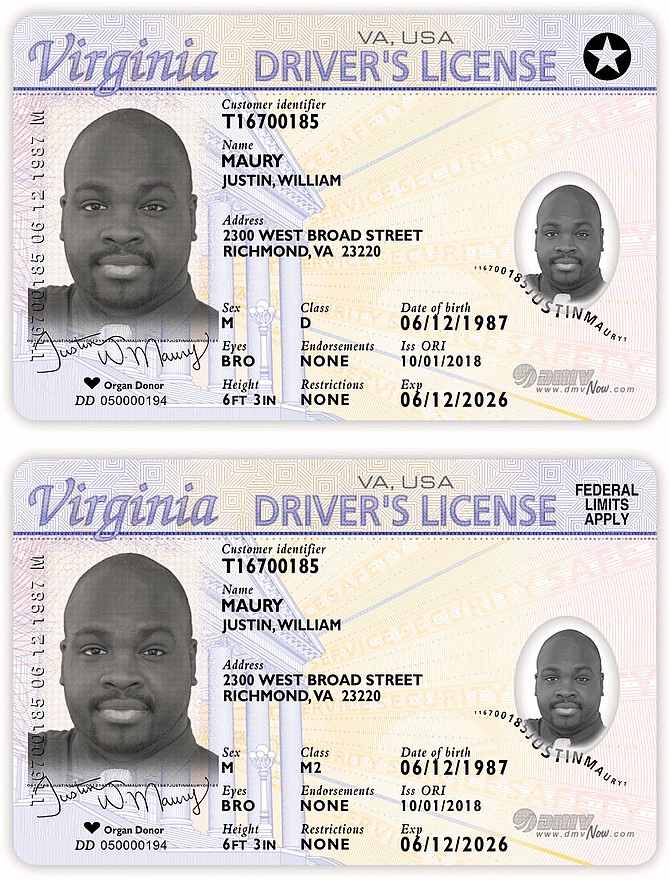 Examples of REAL IDs: the compliant ID has the star in the corner. The non-compliant ID soon will not be able to be used for boarding a flight or getting onto secure federal bases.
