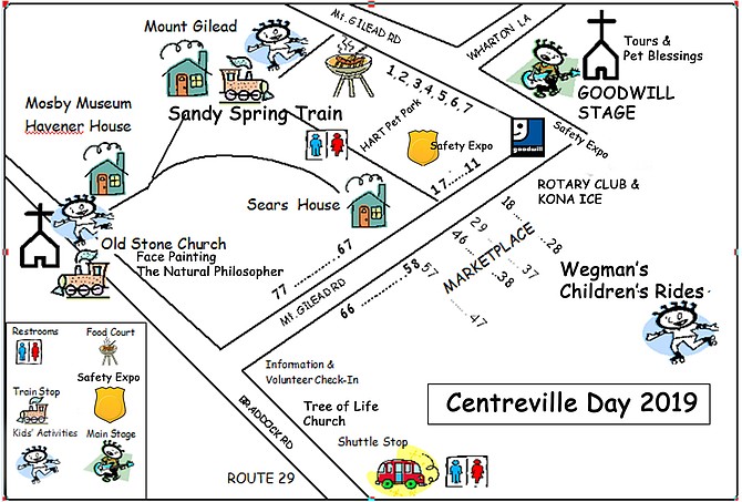 Map of Centreville Day 2019 attractions and activities.