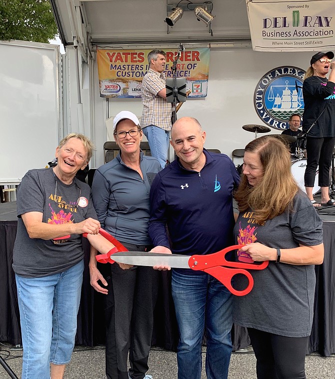 Art on the Avenue founder Pat Miller, left, is joined by Del Ray Business Association president Sue Kovalsky, Jeff Price of Bonaventure Construction and DRBA board member Gayle Reuter prior to the annual ribbon cutting and welcome for new Del Ray businesses Oct. 5 at Art on the Avenue.