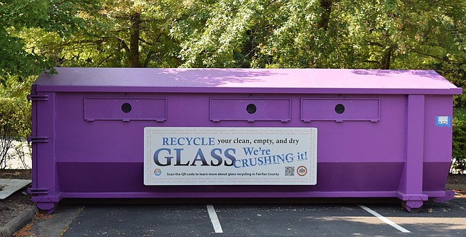 There is a purple bin for recycling glass at the Mount Vernon Government Center at 2511 Parkers Lane, Mt. Vernon, VA, 22306.