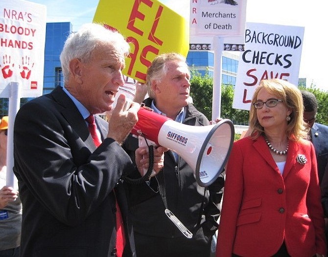 Virginia Senate Minority Leader Richard “Dick” L. Saslaw (D-35) speaks his mind about gun violence Sept. 20 before he introduces former Arizona Congresswoman Gabrielle “Gabby” D. Giffords at her rally in Fairfax across the street from the National Rifle Association on Waples Mill Road. “Hers is a story of hope, resilience and strength.”