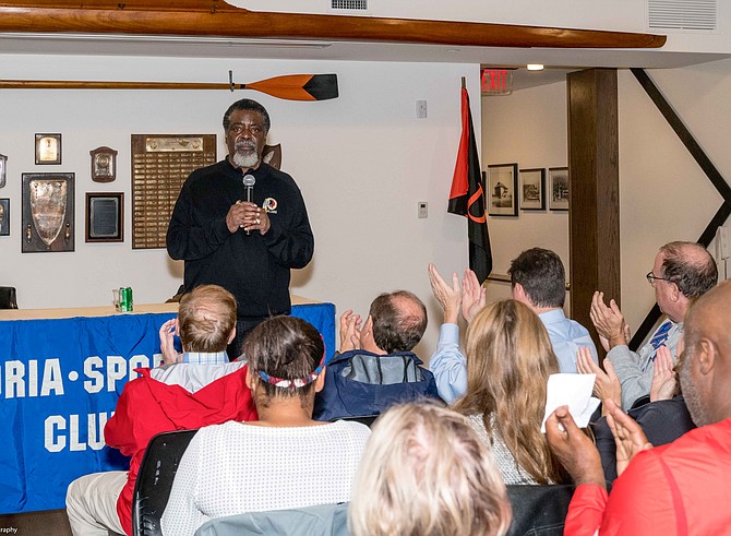 Former Washington Redskins defensive lineman Tony McGee talks about his experience as a member of the “Black 14” during his junior year at the University of Wyoming at the Oct. 16 meeting of the Alexandria Sportsman’s Club. In 1969, McGee and 13 others were removed from the team for supporting the UW Black Students Alliance’s protest against the Mormon Church for not allowing black men to serve as priests.