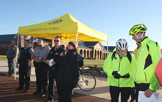 Supervisor Storck; Chief of Staff Christine Morin; Officer Brian Ruck, the police commander at the Mount Vernon District Station; and Commander Greg Fried from the Franconia Station were on hand at the Workhouse to see the riders off.