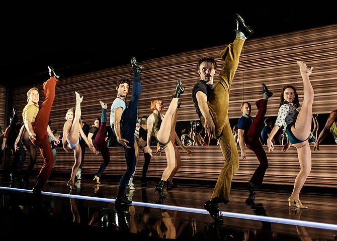 Joshua Buscher (Larry), Daxx Jayroe Wieser (Mark), Bryan Charles Moore (Don) and the cast of “A Chorus Line” at Signature Theatre.