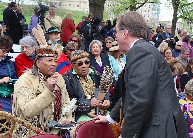 Del. Paul Krizek speaking with Virginia Chiefs at the dedication of the Mantle, a Native American monument on the grounds of the Virginia State Capitol.