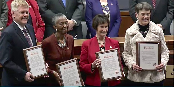 Retiring members of the Fairfax County Board of Supervisors: John Cook, Cathy Hudgins, Sharon Bulova and Linda Smyth at the Dec. 3, 2019 Board of Supervisors Meeting.