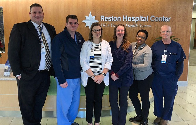 The Reston Hospital trauma team includes, from left: Dallas Taylor, Dr. Brett Sachse, Frances Hughes, Jessica Fuerstinger, Dionne Campbell and Luther Surface.