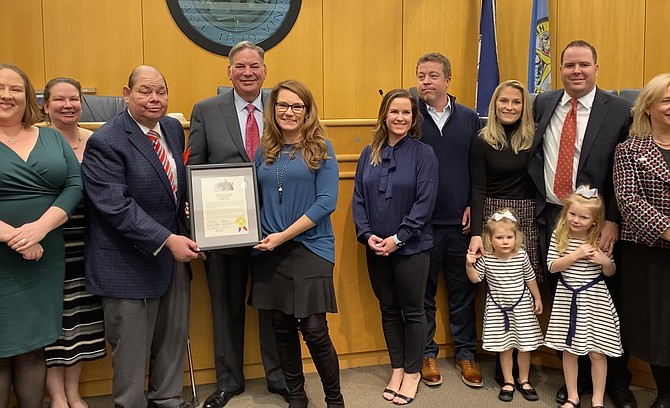Three generations of the Nachman family join Mayor Merkel and Town Council for the formal presentation of the Proclamation, to recognize "Nachman Day," Jan. 14, 2020, in honor of the 100th Anniversary of the Nachman family in Herndon.