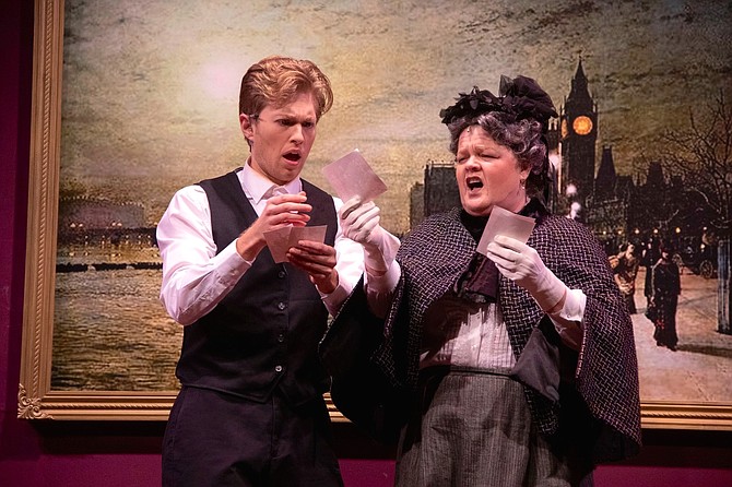 Drew Goins as Monty and Kristen Jepperson as Miss Shingle in LTA’s production of “A Gentleman’s Guide to Love and Murder.”