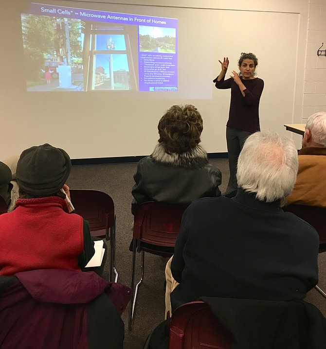 Theodora Scarato, an advocate for the Environmental Health Trust, presents information on the dangers of 5G technology at a meeting at Potomac Community Center Jan. 22.