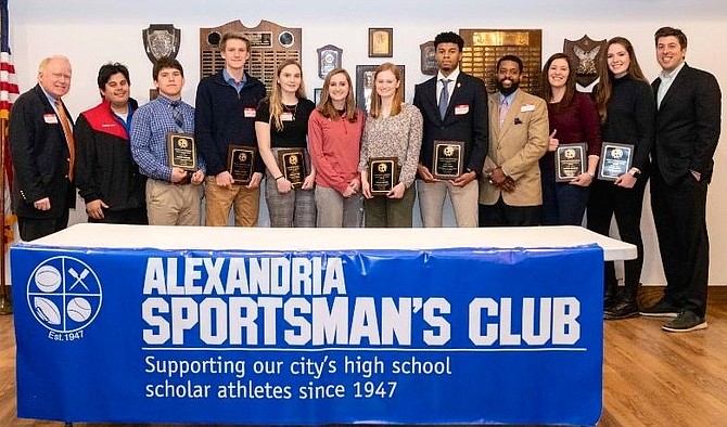 Eddie Longosz, right, Director of Scouting for the Washington Nationals, and Don Hughes, left, president of the Alexandria Sportsman’s Club, honor the Athletes of the Month at the Jan. 22 ASC meeting at the Old Dominion Boat Club. Recognized were: Andrew Lavayen, SSSA Wrestling; Jared Cross, SSSA Basketball; Haley Sabol, EHS Basketball;  Darius Johnson, EHS Basketball; Ronan Lauinger, T.C. Williams Swimming; Caroline Schie, T.C. Williams Basketball; and Siobhan Chawk, Bishop Ireton Swim and Dive.