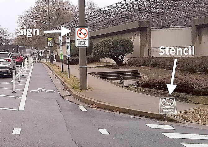 In late February, the County’s Department of Environmental Services will install no-sidewalk-riding signage along sections of certain streets with protected bike lanes.