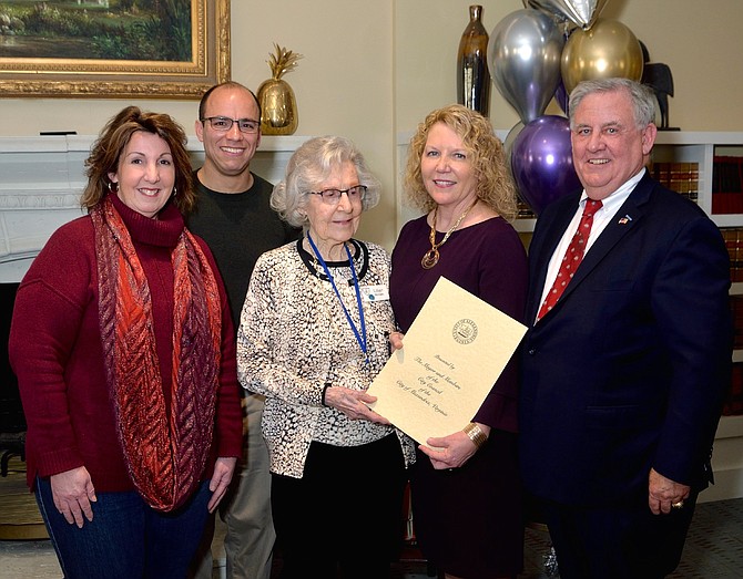 Lillian Moraski, center, holds a proclamation declaring Feb. 13 “Lillian Moraski Day” in recognition of Moraski’s 100th birthday. Moraski celebrated the milestone Feb. 9 at Goodwin House Alexandria with Councilwoman Amy Jackson, Mayor Justin Wilson, and Joan and John Renner.