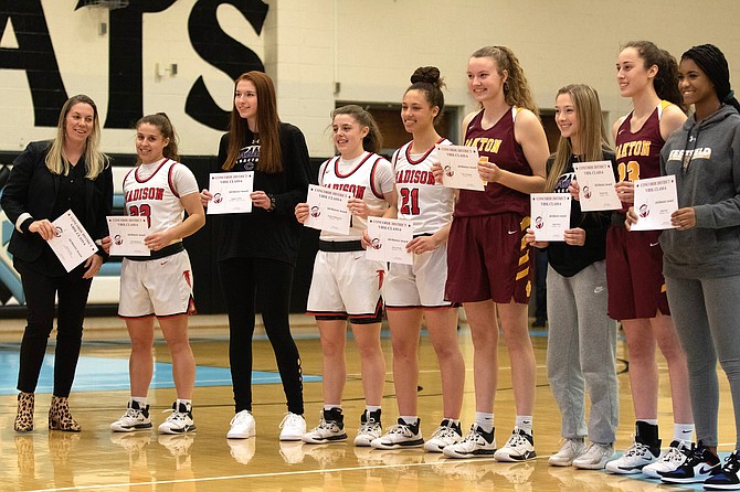 2020 Concorde All District Girls, from left: Coach of the Year Kirsten Stone; Madison Co-Players of the Year Tedi Makrigiorgos, Madison; Meghan O’ Brien, Chantilly; Amalia Makrigiorgos, Madison; Grace Arnolie, Madison; Kara Vietmeyer, Oakton; Megan Baxter, Chantilly; Hannah Kaloi, Oakton; Gabby Reed, Westfield.