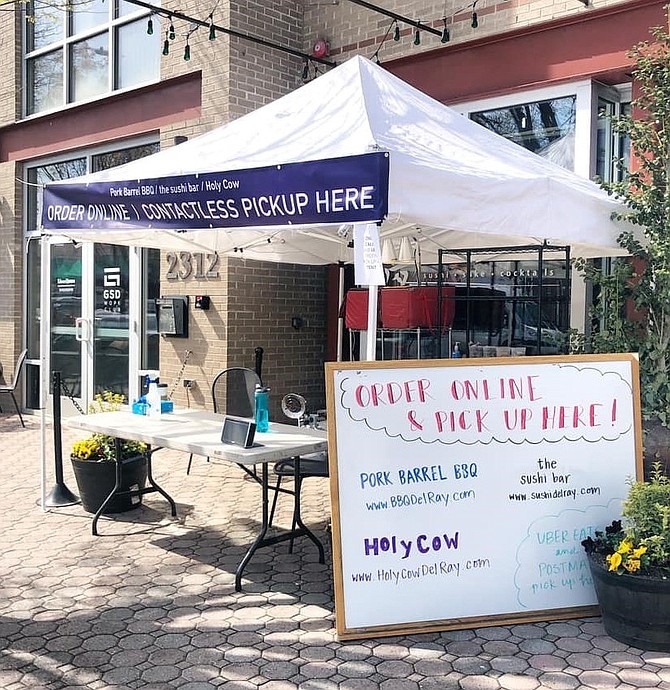 The HomeGrown Restaurant Group is providing contactless takeout from Holy Cow, the Sushi Bar and Pork Barrel BBQ on Mount Vernon Avenue in Del Ray. The statewide closure of on-site dining has been extended to June 10.