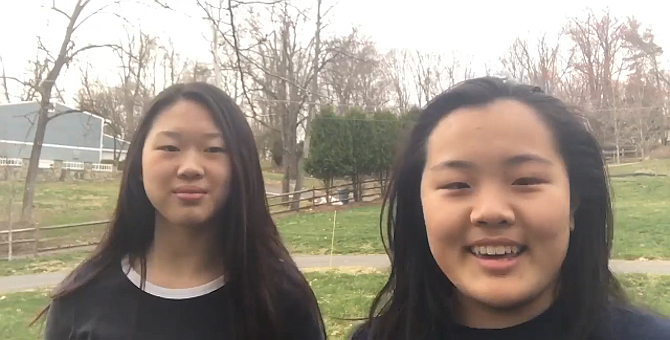 From left: Abigail Xu and Emily Sun, students at Langley High School, are shown in a video clip that they prepared for the Virtual Fairfax County Regional Science Fair.