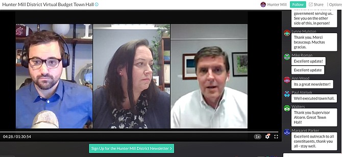 Supervisor Walter Alcorn (D-Hunter Mill), right, holds a Hunter Mill District Virtual Budget Town Hall on April 8 in response to County Executive Bryan Hill's release of the FY 2021 Updated Budget Proposal to the Board of Supervisors. Christina Jackson, Director of the Department of Management and Budget for Fairfax County, shares budget insight. Matt Renninger, Chief of Staff for Lee District Supervisor Rodney Lusk, assists with the Crowdcast technology.