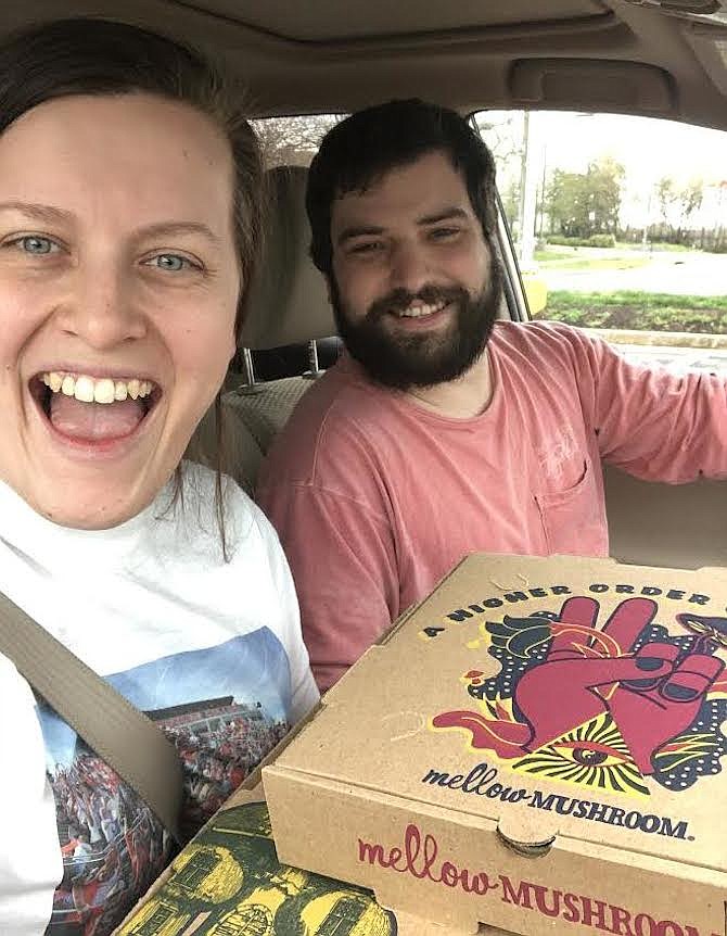 K Scarry of First Baptist Church of Herndon and Jake Killian of Trinity Presbyterian Church help to deliver the first Herndon Cares #TakeoutTuesday dinners to those in need.  For more information, visit www.HerndonCares.org.