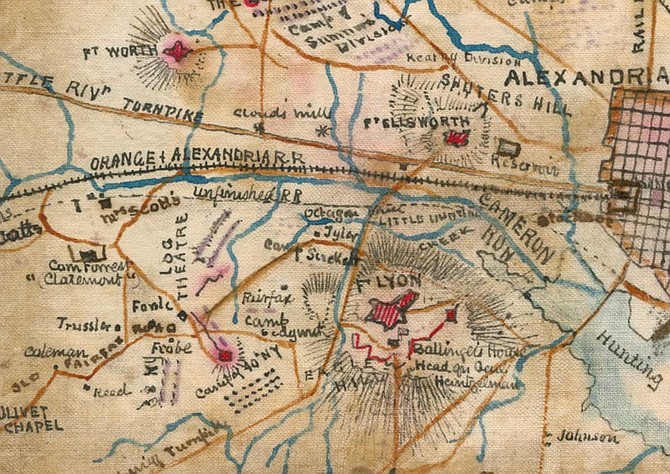 An old, hand-drawn map shows where the Civil War action occurred near present-day Jefferson Manor Park.