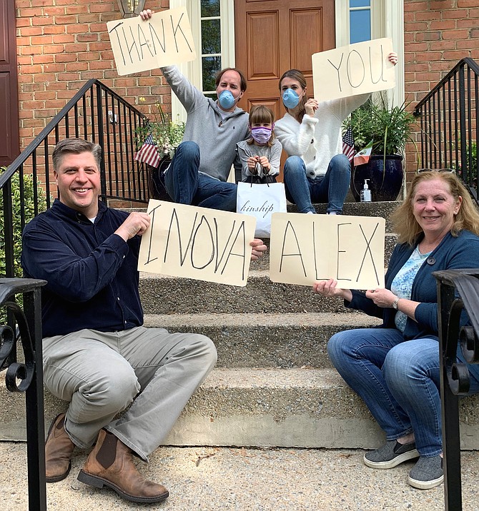 Kinship restaurant owner Eric Ziebold, top left, his daughter Adele, center, and Celia Laurent, top right, are joined by fellow Vauxcleuse neighborhood residents John Allen and Laurie Drysdale in collecting donations to supply Inova Alexandria Hospital workers with snacks and meals in a show of appreciation during the COVID-19 crisis.