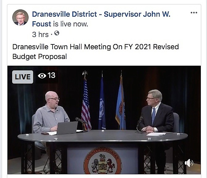 (On right) Dranesville District Supervisor John W. Foust goes live with Fairfax County Chief Financial Officer Joe Mondoro during a virtual town hall meeting on the Revised Budget Proposal for FY21.