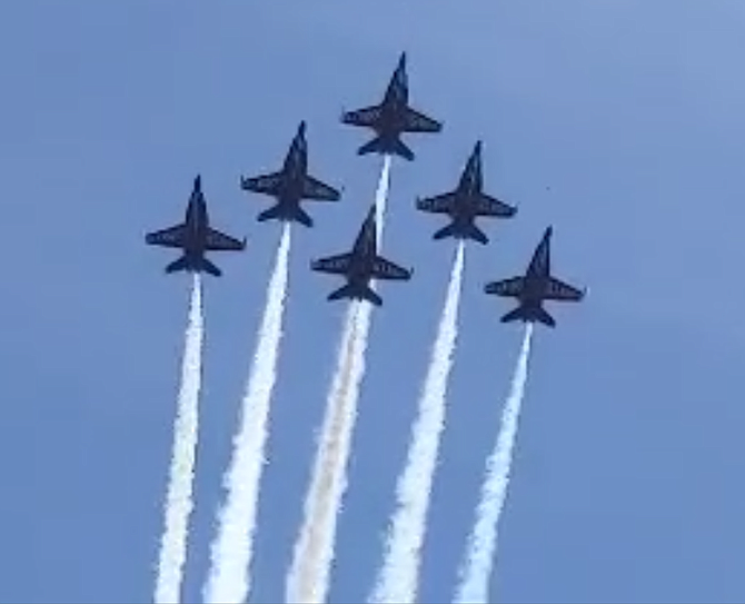 The Navy’s Blue Angels and the Air Force Thunderbirds did a flyover, Saturday morning, May 2, en route to Inova Fair Oaks and Fairfax hospitals to salute healthcare workers and other essential personnel serving on the frontline against COVID-19.