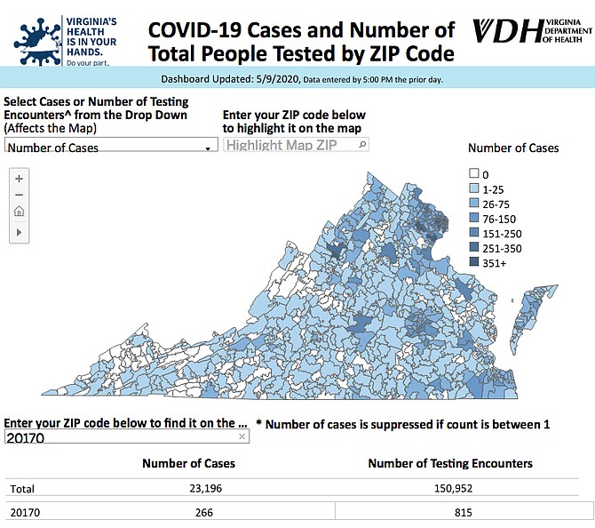 Virginia Department of Health COVID-19 cases by ZIP Code.