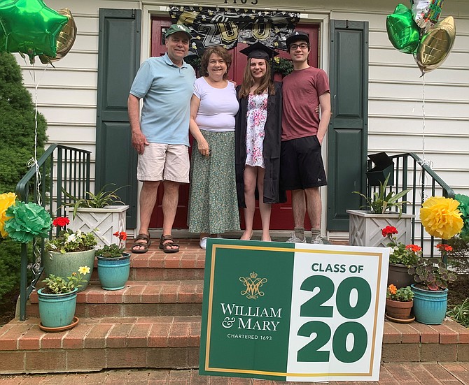 Juliana Mitchell, second from right, celebrates her graduation from the College of William and Mary  at her home May 16 with brother Alex and parents Dave and Maddie, who planned a surprise drive-by celebration for the graduate.