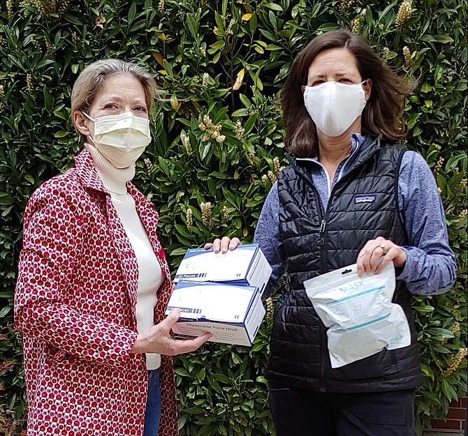 Oakton Women's Club donated 100 loop style masks and ten K95 (PPE) masks for Shepherd’s Center’s volunteers in the non-profit’s newly formed Food Delivery Driver program to distribute to the seniors they serve. Pictured, from left, are Sheila Dunheime, Oakton Women’s Club and Patti Vaughn, Vice Chair SC Board member.