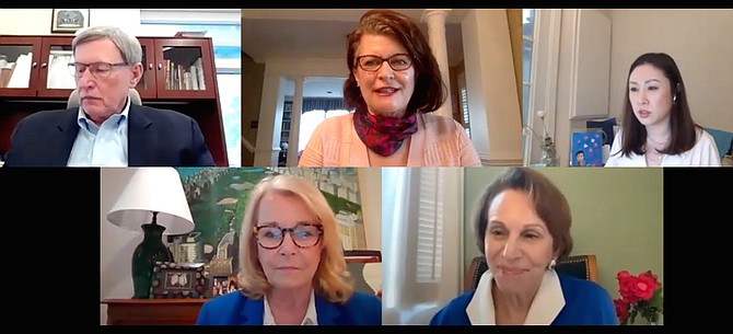 (Top left to bottom right) Supervisor John Foust (D-Dranesville), State Senator Barbara Favola (D-31), Julia Kim Chun, Chief of Staff at Favola’s office, Del. Kathleen J. Murphy (D-34) and Arlington County Board Chair Libby Garvey at the May 28, 2020, Virtual Town Hall on COVID-19.