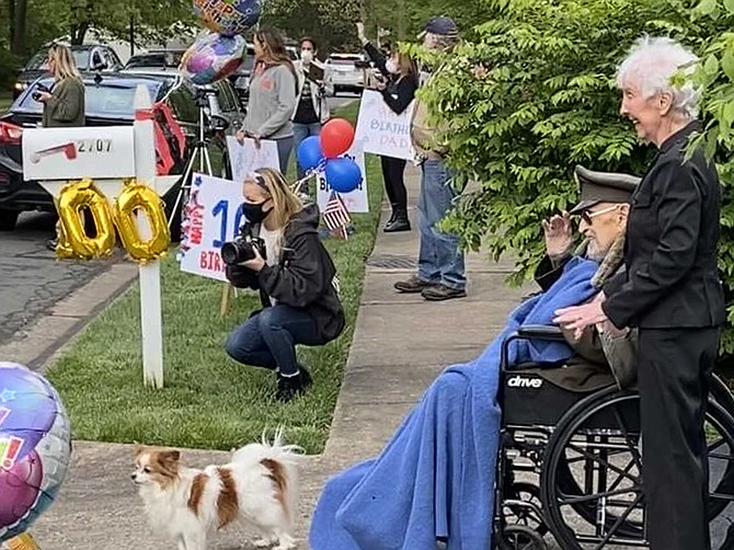 Retired Air Force Col. Robert A. "Bob" Shawn, Herndon Centenarian and former Air Force fighter pilot, at his 100th birthday drive-by parade on May 6, 2020, organized in his honor by comrades at the Veterans of Foreign Wars Loudoun County Post #1177.