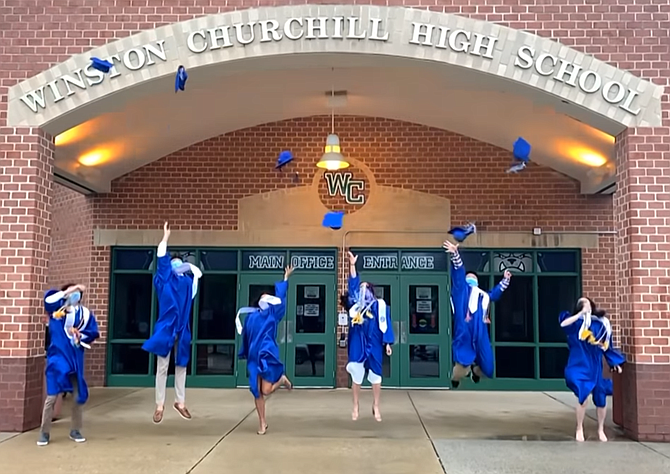 Senior class officers from Winston Churchill High School throw their caps in the air and jump in celebration at the end of the school’s virtual graduation ceremony June 9. Andrew Jin, Lydia Lehr, William Ahn, Madison Cuthbert, Charlie Teixeria, Yunice Pyo and Nikka Givpoor.