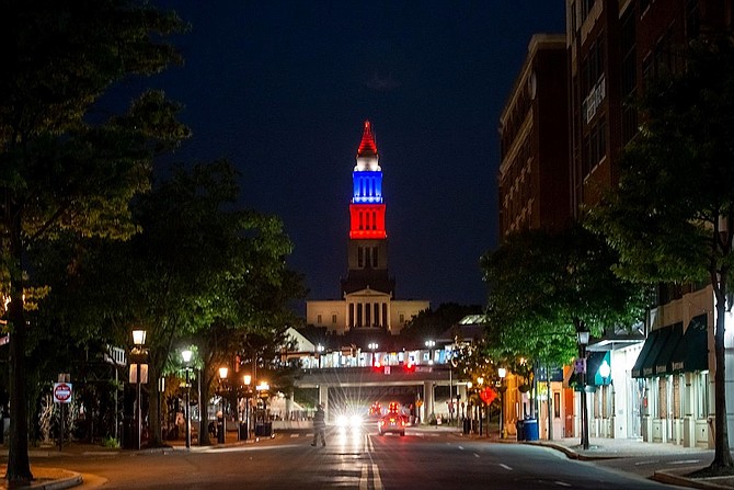 The George Washington National Masonic Memorial is lit up in the T.C. Williams school colors of red, white and blue to honor the Class of 2020.