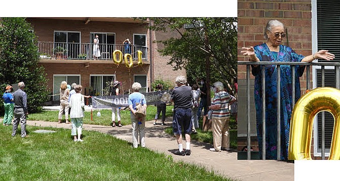 Friends from nearby Lewinsville Presbyterian Church gathered (at six-foot intervals) beneath McLean resident Lucille Quinn’s balcony with balloons, cake, banners and flowers to make sure the day was remembered properly, and Happy Birthday was sung accompanied by a trumpet.