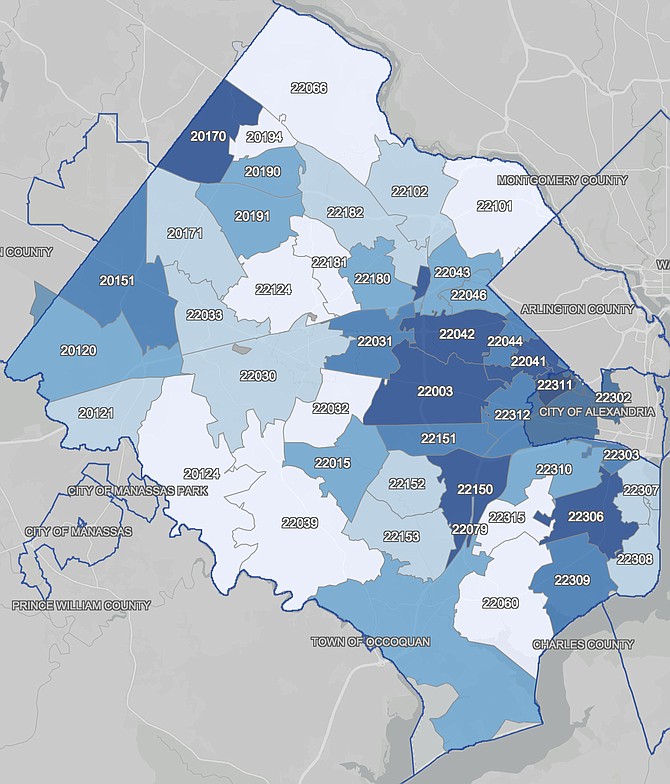 The map colors divide ZIP codes into five equal groups, with the group of ZIP codes with the lowest case rate per 100,000 in the lightest color and the highest group in the darkest color.