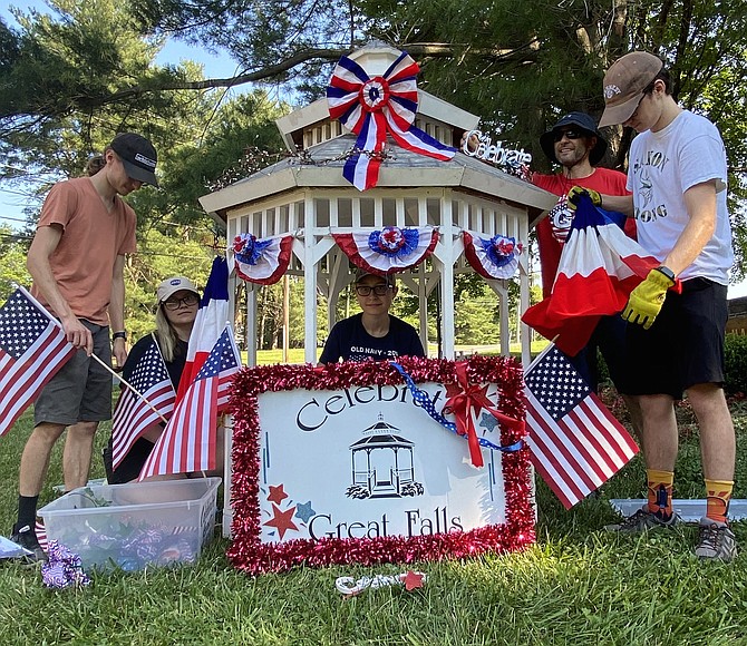 The iconic Celebrate Great Falls Foundation gazebo rests on real grass, not a flatbed truck, for the 2020 Great Falls Drive-Thru July 4th Celebration produced by Celebrate Great Falls Foundation.