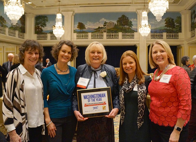 In 2017, after being awarded Washingtonian of the Year, Darlene Williamson (center), founder of the Stroke Comeback Center, is joined by her staff (from left): Julie McGraw, Financial Director; Melissa Richman, Virtual Center Coordinator; Amy Georgeadis, Program Director; and Suzanne Coyle, new Executive Director.